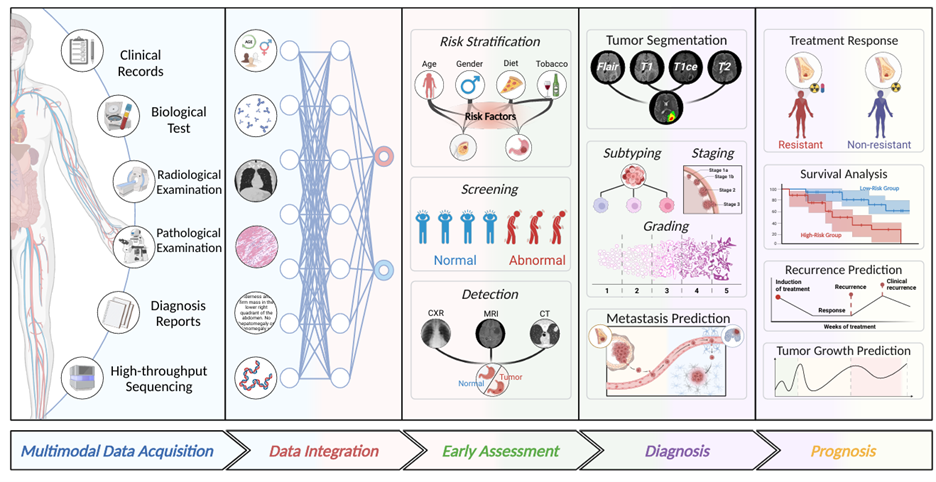Diagram showing multimodal healthcare AI progressing from clinical, imaging, pathology, molecular, and records data through data fusion toward diagnosis, prognosis, and precision medicine outcomes.